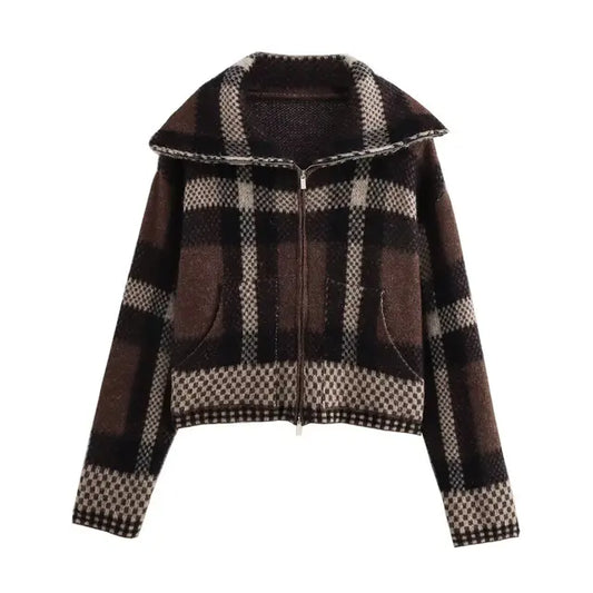 Women's Plaid Knitted Cardigan Brown