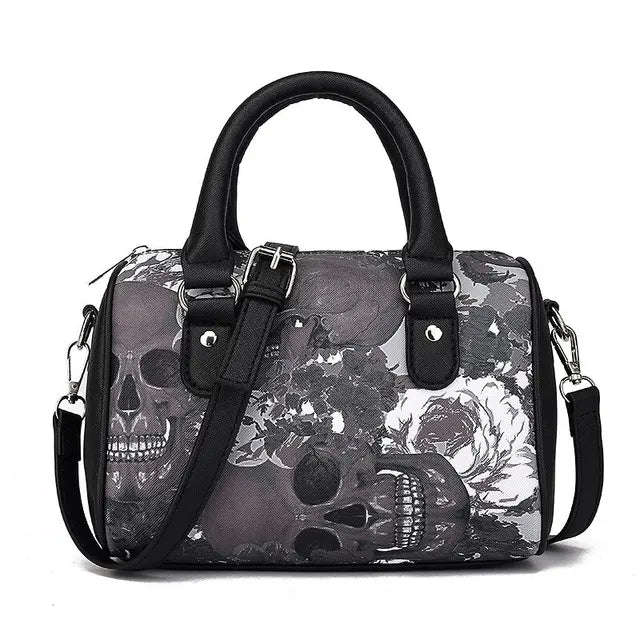 Black Skull Rose Print Barrel Bag