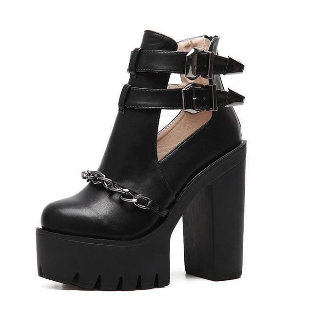 Black Chain Cutout Platform Ankle Boots