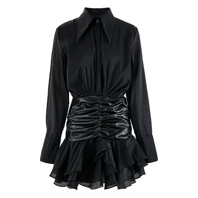 Women's Black Collar Faux-Leather Waist Mini Dress - front studio view (1 of 3)