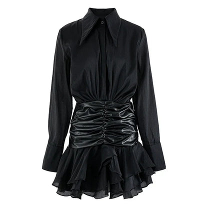 Women's Black Collar Faux-Leather Waist Mini Dress - front studio view (1 of 3)