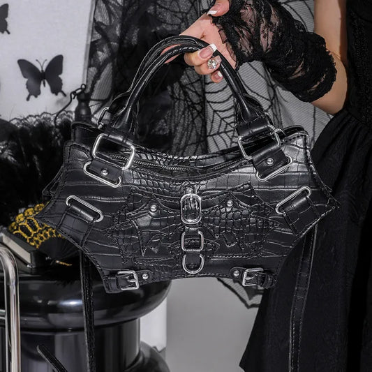 Women's Black Croc Bat-Wing Buckle Handbag - primary lifestyle photo (1 of 2)