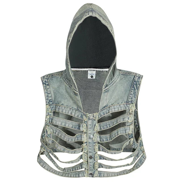 Skeleton Hooded Denim Vest - alternate studio view (3 of 4)