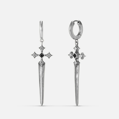 Vesper Blade Earrings in antiqued silver with long blade-shaped cross drops and black obsidian, shown front and back on white
