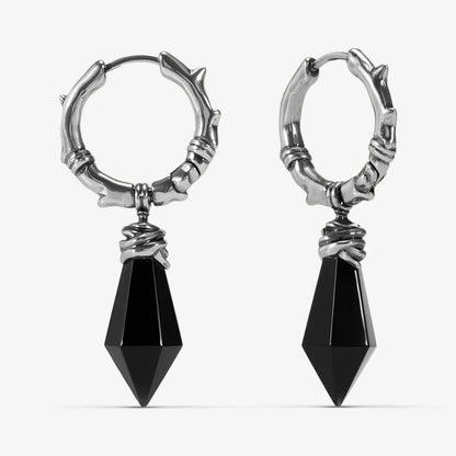 Silver Wrapped Relic Earrings with black obsidian dagger drops, hammered hoops, and wire-wrapped relic details on a clean background.