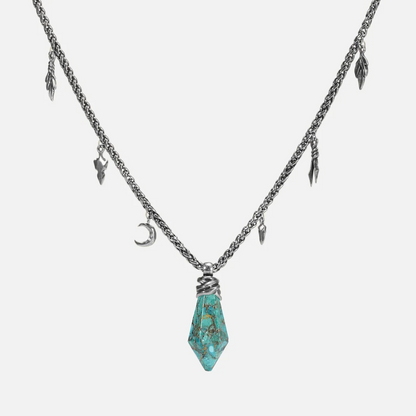 Wrapped Relic Necklace in silver plating with turquoise raw stone pendant and antiqued charm chain
