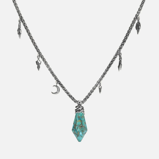 Wrapped Relic Necklace in silver plating with turquoise raw stone pendant and antiqued charm chain